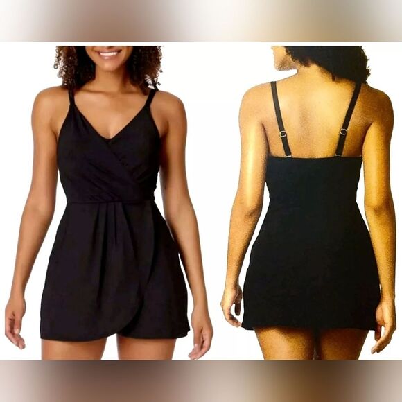 NWT Lands' End UPF 50 Black Tulip Wrap Swim Dress Convertible Straps Lined, Sz S - Picture 1 of 6